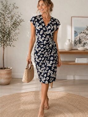 Floral Wrap Navy Midi Dress 3x